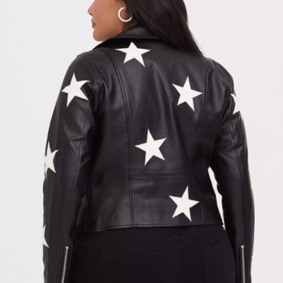 Black Faux Leather & White Star Moto Jacket - Picture 2 of 2